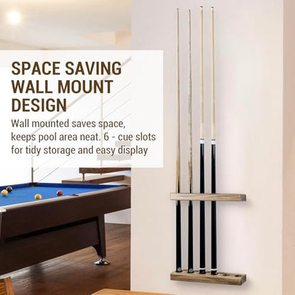 MyGift Premium Solid Acacia Wood Wall Mounted Billiard Cue Stick Rack, Rustic Wooden Pool Hall Accessories Holder Shelf, Billiards Parlor Hanger for 6 Cues