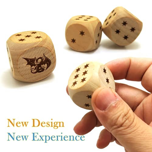 Creative Dragon Dice Set - Big Wooden Playing Dices for Party Table Game, 30MM/Laser Engraved/Six-Sided 2Pcs/Set