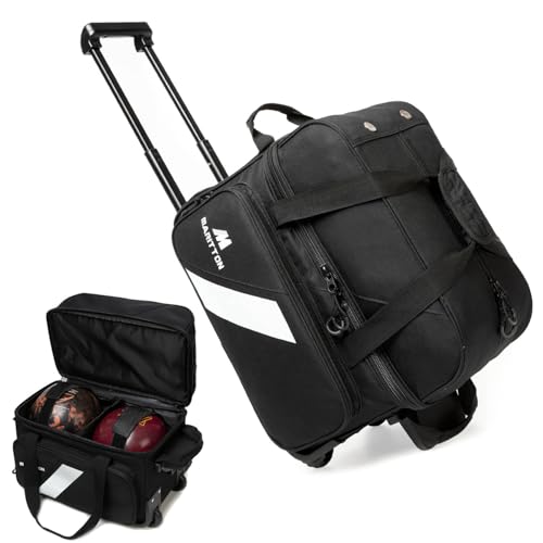 Bowling Bag with Wheels Double Roller 2 Ball Bowling Separate Shoe Compartment and Oversized Accessory Pocket, 36.6" Extendable Handle. - color: BLK