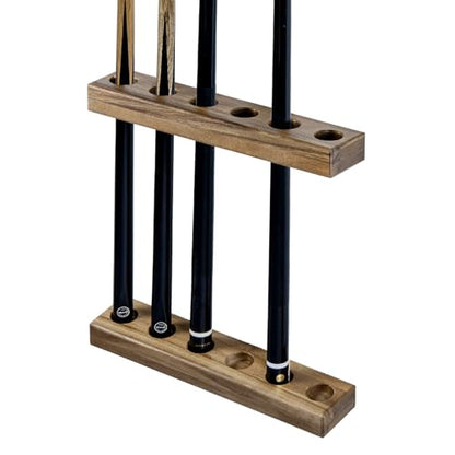 MyGift Premium Solid Acacia Wood Wall Mounted Billiard Cue Stick Rack, Rustic Wooden Pool Hall Accessories Holder Shelf, Billiards Parlor Hanger for 6 Cues