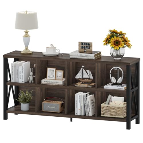 FATORRI 8 Cube Storage Organizer Bookshelf, 62 Inch Rustic Wood Horizontal Bookcase, Farmhouse Cube Long Book Shelf, TV Console Stand for Living Room (Dark Walnut) - color: Dark Walnut