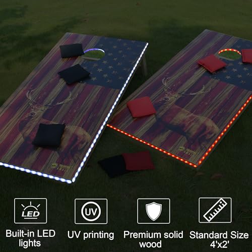 LED Cornhole Board Set 4FTx2FT Solid Wood Regulation Size Cornhole Set with LED Lights Includes 8 Cornhole Bags for Adults (USA Flag & Deer, 4'x2')