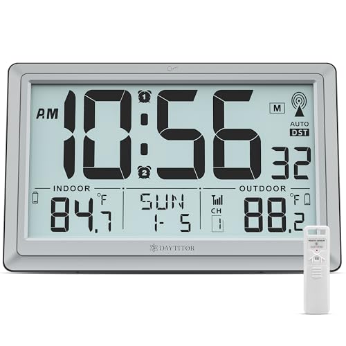 Atomic Clock Wall with Indoor/Outdoor Temp, Battery Operated Digital Wall Clock with 10.5" Large LCD Display, 330ft Range Desk Table Clock with Alarm, DST, Calendar for Living Room, Silver-gray - color: Silver-gray