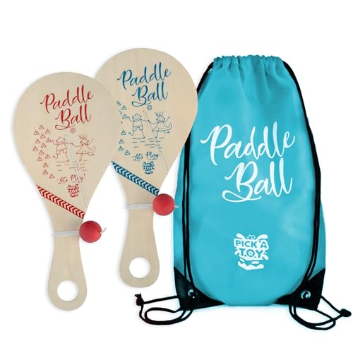 PICK A TOY Wooden Paddle Ball Toy(Set of 2) with Blue Carry Bag - Indoor Outdoor Toy: Fun and Classic Paddleball Game for Boys and Girls, Party Favor Toys Ages 4+ - color: With Blue Carry Bag