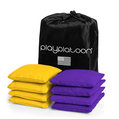 Play Platoon Cornhole Bags Weather Resistant- Set of 8 Regulation Bean Bags for Tossing- Official Professional Size & Weight Corn Hole Bags Two Color All Weather Cornhole Beans Bag Set with Tote Bag - color: Purple & Yellow