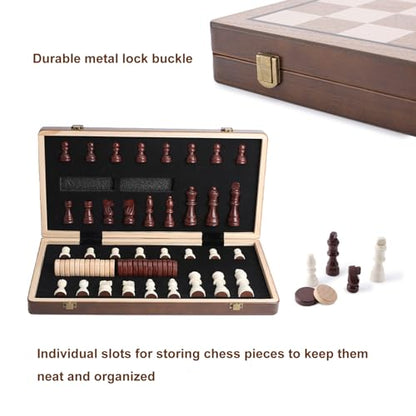 15 Inch Magnetic Wooden Chess Set with Folding Board and Chess Piece Storage Slot, Handmade Portable Travel Chess Game Sets for Kids Adults Beginner and Pros, Carry Bag, 2 Extra Queens