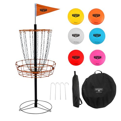 Hathaway 6-Player Disc Golf Set for Family – Frisbee Golf Basket with Weighted Discs, Sturdy Pole & Base, Chains, Anchors, Flag, Carry Bag – Complete Frisbee Golf Discs Set