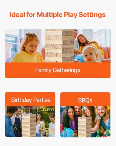 VEVOR Tumbling Timber Toy, 54 Blocks, Pine Wood Tumbling Tower Game with Storage Crate, Tumble Tower Blocks, Multiple Ways to Play Wooden Stacking Game for Indoor and Outdoor Family Gatherings