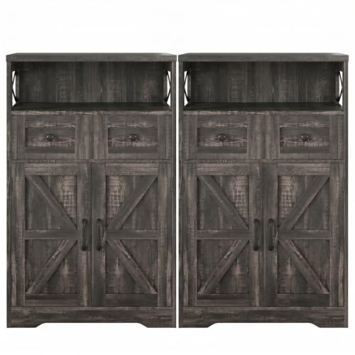 Dark Wood Grey Farmhouse Storage Cabinet Set of 2, Small Kitchen Pantry Cabinet with Drawers and Adjustable Shelf, Sideboard Buffet Coffee Bar Cabinet for Living Room/Dining Room/Bathroom/Home Office - color: Dark Rustic Oak, size: 2 Pack