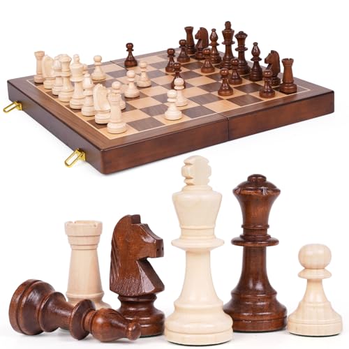 Large 17-Inch Wooden Chess Set – Folding Chess Board with Solid Wood Pieces, Oversized 3.5” King, Two Extra Queens, Premium Gift Chess Set for Adults Classic Strategy Game