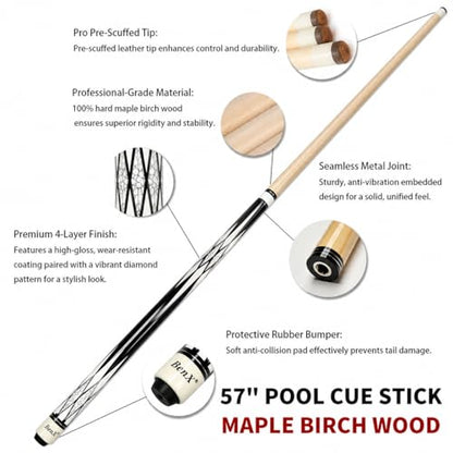 57" Billiard Cue Stick - Maple Birch Wood Pool Cue for 8-Ball & 9-Ball, 13mm Pre-Scuffed Tip, Seamless Metal Joint, 4-Layer Gloss Finish - color: White