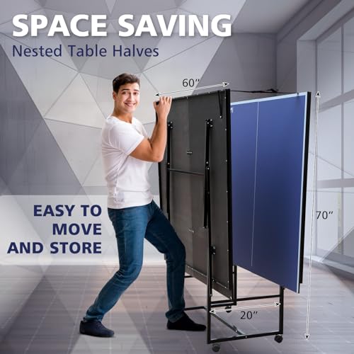 4FT/6FT/8FT/9FT Folding Rolling Table Tennis Table Regulation Ping Pong Table with 2 Paddles 3 Balls 1 Net and Post Set Fold-Up Design 4 Wheels for Easy Movement - size: 9 Ft