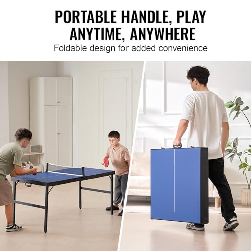 Happybuy Ping Pong Table, Mid-Size Table Tennis Game, Indoor MDF Table Tennis Table, Foldable Portable Complete Set with Net, 2 Paddles, 3 Balls, Carry Bag, Handle (No Assembly Required)