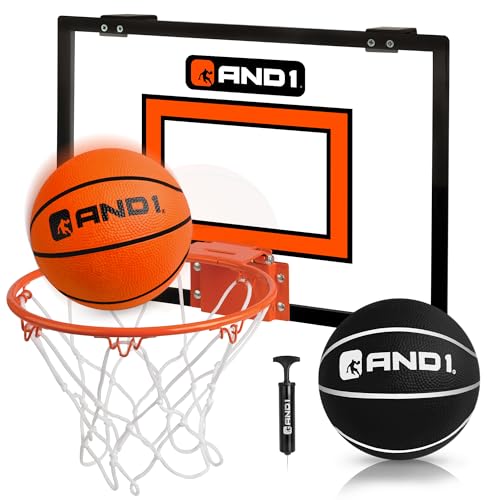 AND1 Over the Door Mini Basketball Hoop: 18x12 Shatterproof Backboard, 2 Mini Basketballs, and Hand Pump Included- Ultimate Indoor Basketball Accessory for Kids and Adults, No Tools Required - color: Clear, style: Mini Hoop / Two Balls