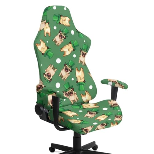 Pug Dog Green Hat Print 4 PCS Gaming Chair Covers Slipcovers Stretch Game Chair Cover with Armrest Covers Universal Fit Rotating Gaming Armchair Protector for St. Patrick's Day Decor - color: Pug Dog Green Hat