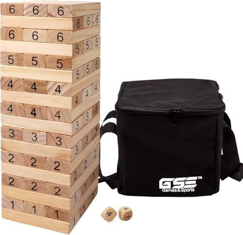 GSE Games & Sports Expert 54-Piece Tumble Timber Set (Up to 3.75FT), Pine Wood Tumble Tower Game with Dice Set - Classic Block Stacking Board Game for Adults Outdoor