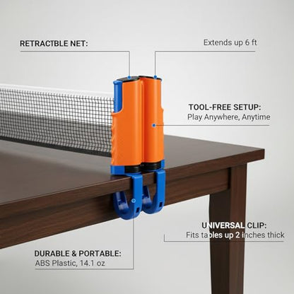 Retractable Table Tennis Net Set, Portable Clip-On Ping Pong Net for Flat Surfaces, Tool-Free Setup with Durable PP Construction - color: Orange