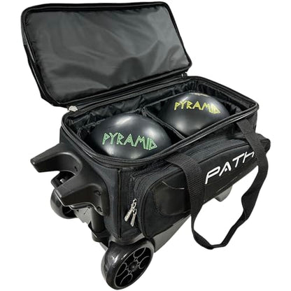 Pyramid Path Premium Deluxe 2 Ball Double Roller Bowling Bag With Large Separate Shoe Compartment (Up To US Mens Size 15) and Oversized Accessory Pocket, Retractable Locking Handle - Extends to 37" - color: Black