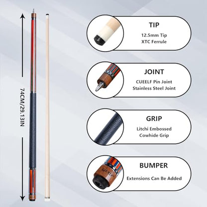 CUEELF Pool Cue Stick Low Deflection Hand-Made Inlay Billiard Cue 58'' Professional Billiard Pool Cue Stick for Adults-12.5mm Tip,3/8 * 8 Joint - color: WD-CM-CAI
