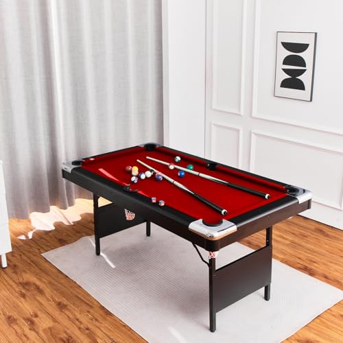 Billiard Tables, Portable Pool Table for Families with Easy Folding for Storage, Includes Balls, Cues, Brush Red 6FT
