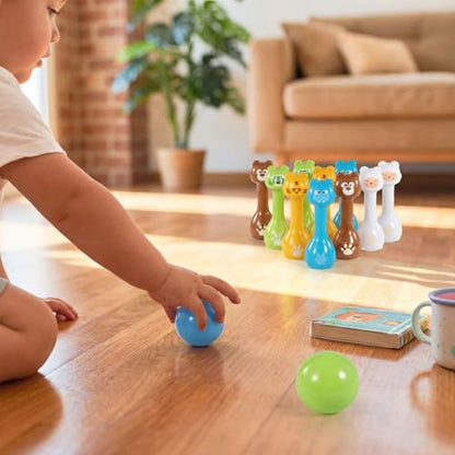Mini Toddler Bowling Set Ages 1-5 with 10 Plastic Pins (5 Forest Animals) and 2 Balls, Lightweight Indoor Montessori-Inspired First Birthday Gift for Toddler Boys Girls