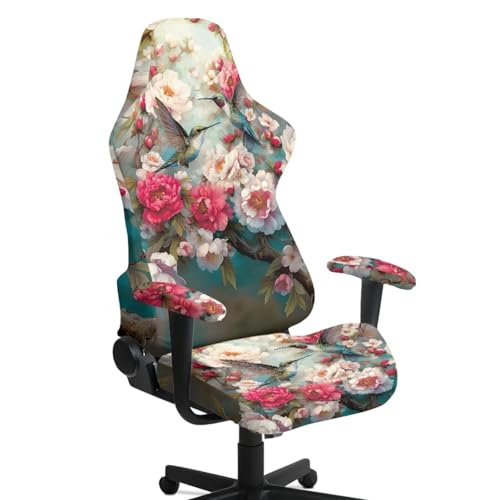 Gaming Chair Slip Cover Set Hummingbird Peony Print Game Chair Cover with Armrest Covers Universal Fit Computer Chairs Seat Slipcovers, Easy to Install - color: Multi - Hummingbird Peony