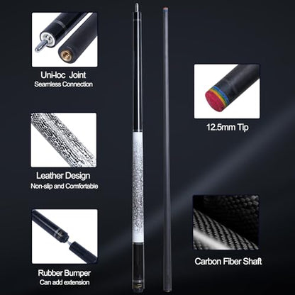 Carbon Fiber Pool Cue Stick 12.5mm Rainbow Tip Low Deflection Pool Stick with Uni-loc Pin Joint and Extension Pool Stick-20 oz - color: White