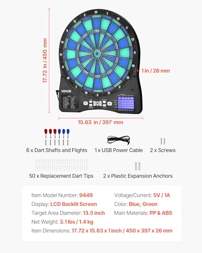 VEVOR Electronic Dart Board, LED-Illuminated Target Dartboard with 48 Games & 500+ Variations, Includes 6 Dart Shafts with Flights & 50 Soft Tips, Cricket Scoring LCD Screen - Supports Up to 8 Players