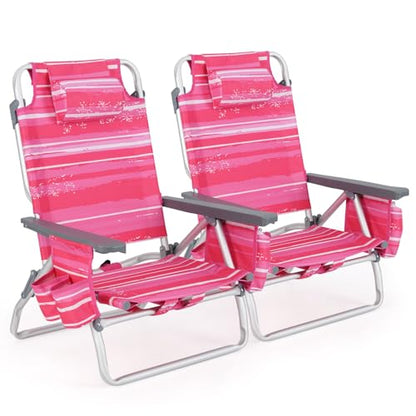 Tangkula Set of 2 Backpack Beach Chair, 5-Position Lightweight Folding Lay Flat Beach Chairs with Cooler Bag, 2 Cup Holders, Towel Bar, Backpack Straps - color: Pink Stripe, style: 2 Pack