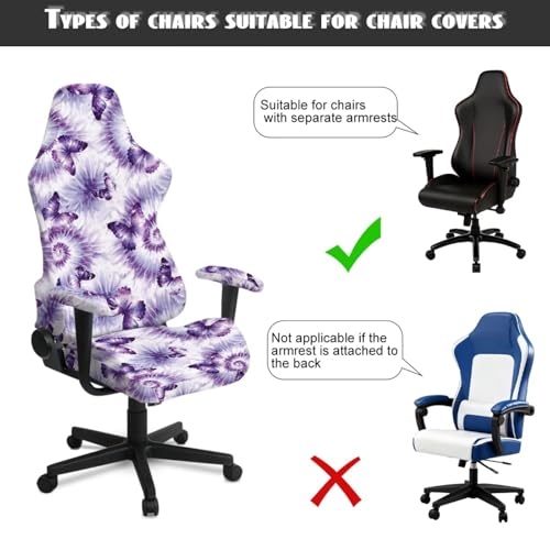 Butterfly Print Gaming Chair Covers Slipcovers with Armrest Covers Tie Dye Print Computer & Gaming Chair Slipcover Universal Fit for Desk/Swivel/Rotating Chairs Protector - color: Purple and White - Butterfly Tie Dye