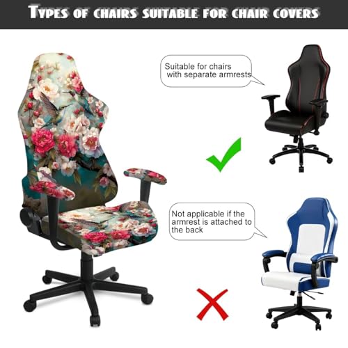 Gaming Chair Slip Cover Set Hummingbird Peony Print Game Chair Cover with Armrest Covers Universal Fit Computer Chairs Seat Slipcovers, Easy to Install - color: Multi - Hummingbird Peony