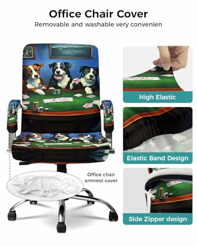 Abstract Animal Office Chair Cover with Armrest Covers, Dog in The Room Play Poker Games Universal Stretch Desk Rotating Chair Slipcovers, Removable Seat Protector with Zipper, M - color: Dark Green Brown, size: Medium & 2PCS Armrest Covers