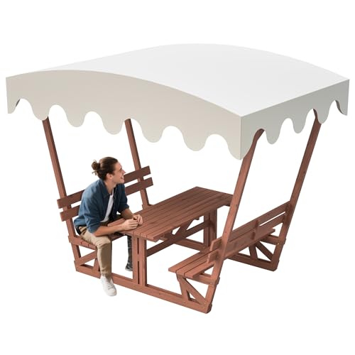 Outdoor Solid Wood Picnic Table with Bench Set & Removable Waterproof Canopy, All-Weather Commercial Camping Table for School, Patio Garden Deck Park Beach, Brown - color: Dark Brown, size: Rectangular