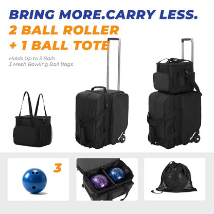 Bowling Roller Bag with Wheels, Rolling Bowling Ball Bag with Shoe Compartment, Retractable Handle, EVA Dividers - color: Black, size: Bowling Bag Set