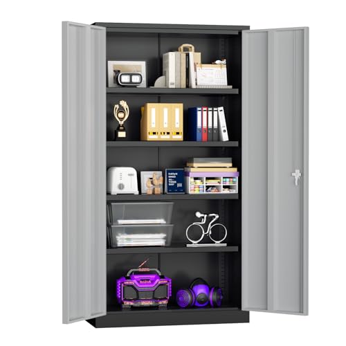 Superday Metal Storage Cabinets, 72" Storage Cabinet with Locking Door, Tall Garage Cabinet with 2 Doors and 4 Adjustable Shelves for Home Office, Classroom, Easy Assemble(Black Grey) - color: Black Grey, size: 72" Storage Cabinet