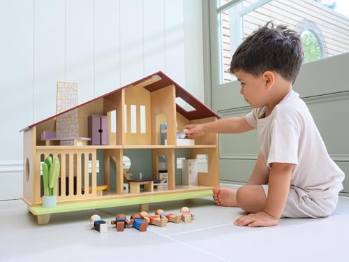 Mentari Toys - Cedar Chalet - Mid-Century Modern Dollhouse for Kids - Fully Furnished, Sustainable Rubberwood, Educational Toy for Toddlers & Preschoolers Age 3+