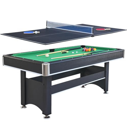 Tomkate 6-Foot Pool and Table Tennis Multi Game with Felt and Table Tennis Surface. Includes Billiard Accessories, Cues, Paddles and Balls for Family Game Room - color: Green Felt with Black Body