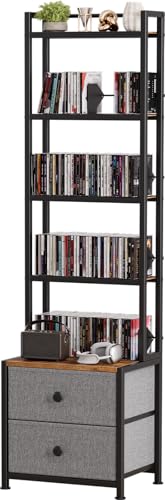 CD Storage Rack with Drawer, 5-Tier DVD Organizer Shelf w/Adjustable Book Stoppers, Media Storage Rack for CD/DVD, Books & Games, Ideal for Living Room & Home Office – 15.7x11.8x56.5Inches - color: Black