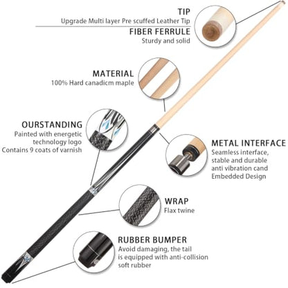 Pool Cue Stick - 58 inch Maple Billiard Pool Stick, 19/20/21 oz 1/2 Maple Pool Cue Stick Kit, 2-Piece Billiard Pool Cue Stick - color: Black With Case (19 oz/11mm)