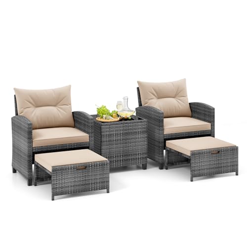 Tangkula 5 Pieces Patio Conversation Set, PE Wicker Rattan Outdoor Furniture Set with 2 Chairs, 2 Ottomans & Tempered Glass Coffee Table, Ideal for Poolside, Backyard, Lawn, Deck, Mix Grey & Beige - color: Mix Grey & Beige