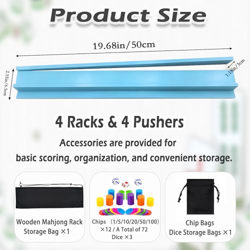 4 PCS Mahjong Racks with Pushers, Blue Wooden Mahjong Racks with Detachable Magnetic Pushers, Mahjong Tile Pushers and Racks, Includes Chips, Dice & Storage Bags, Mahjong Accessories (19.68 Inch) - color: Blue