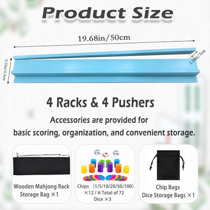 4 PCS Mahjong Racks with Pushers, Blue Wooden Mahjong Racks with Detachable Magnetic Pushers, Mahjong Tile Pushers and Racks, Includes Chips, Dice & Storage Bags, Mahjong Accessories (19.68 Inch) - color: Blue