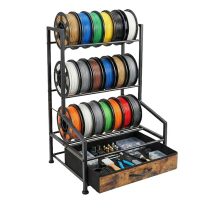 3D Printer Filament Storage Rack with Fabric Drawer | Dust-Proof Build, Fits PLA ABS TPU Nylon, Sturdy Spool Holder, Ideal for Organized 3D Printing Workshop & Home Studio