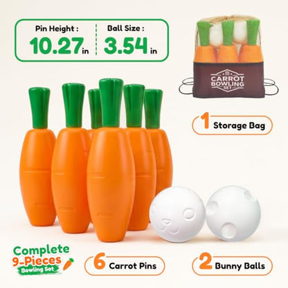 Carrot Bowling Set for Toddlers & Kids – 6 Pins, 2 Bunny Balls & Bag – Safe Indoor Active Play – Fun Summer Activity & Birthday Gift for Ages 3–6