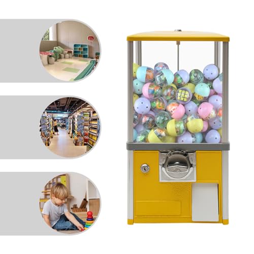 Gachapon machine, 21inch Height PS Bouncy Balls Dispenser, Commercial Candy Bubble Gum Vending Machine with Clear Design Hold 180 Capsule Toys for Game Stores,Retail Stores,Gumball Bank, Home (Yellow)