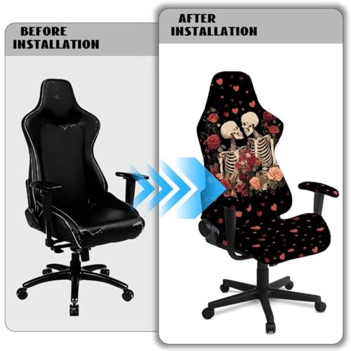 Skeleton Rose Print Game Chair Covers Slipcover Scratch Proof Anti-Dust Gaming Chair Cover with Armrest Covers for Computer Office Seats - color: Black and Multi - Skeleton Rose