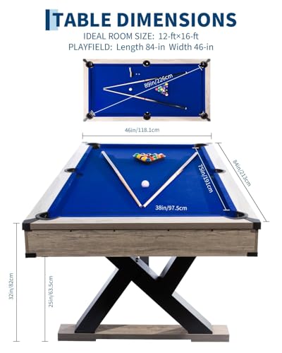 7 FT Professional Billiard Table for Home & Game Room, K-Leg Pool Table with Complete Accessories Set (2 Cues, 16 Balls, 2 Chalks, Triangle, Brush), Rustic Grey Finish, 84 x 46 x 32 Inch - color: blue