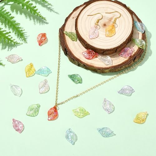 Stiesy 400Pcs Leaf Charms Transparent Iridescent Acrylic Leaves Dangle Charms Pendants Bulk for Necklace Bracelet Earring Jewelry Making Supplies DIY Craft Mixed Color - color: Iridescent Leaf-400pcs