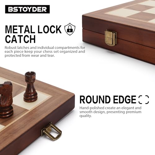 2 in 1 Magnetic Wooden Chess and Checkers Board Game Set, 15" Folding Chess Boards with 2 Extra Queens, Portable Travel Chess Sets with Pieces Storage Slots, Beginner Chess Game Set for Kids, Adults