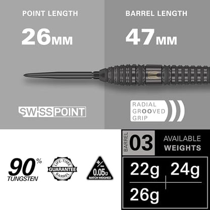 Target Darts Bolide Void 90% Tungsten Dart Set, Steel Tip Swiss Point Darts | 21G/22G/23G/24G/25G/25G | Professional Darts Sets, Black Darts, Swiss Point Tool Included - size: 22G, style: Barrel 03